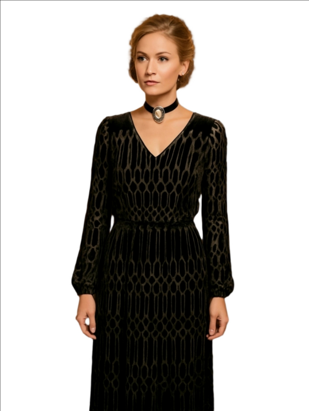Chico's Black Velvet Burnout Maxi Dress Long-Sleeve Front Slit Art Deco Gothic S